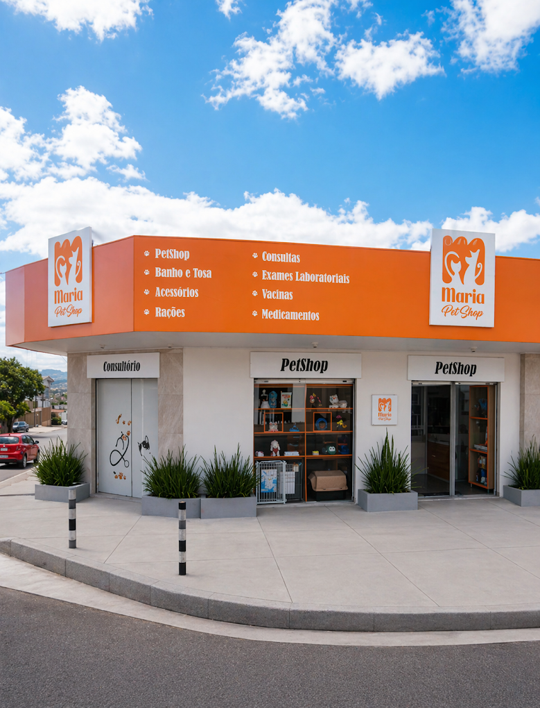 Fachada da Maria Pet Shop e consultório veterinário em Anápolis, Goiás