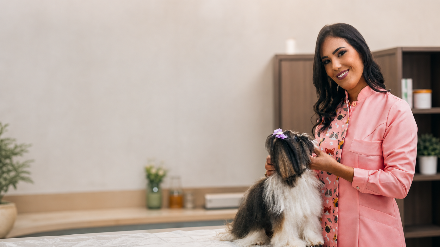 Veterinária atendendo um cachorro